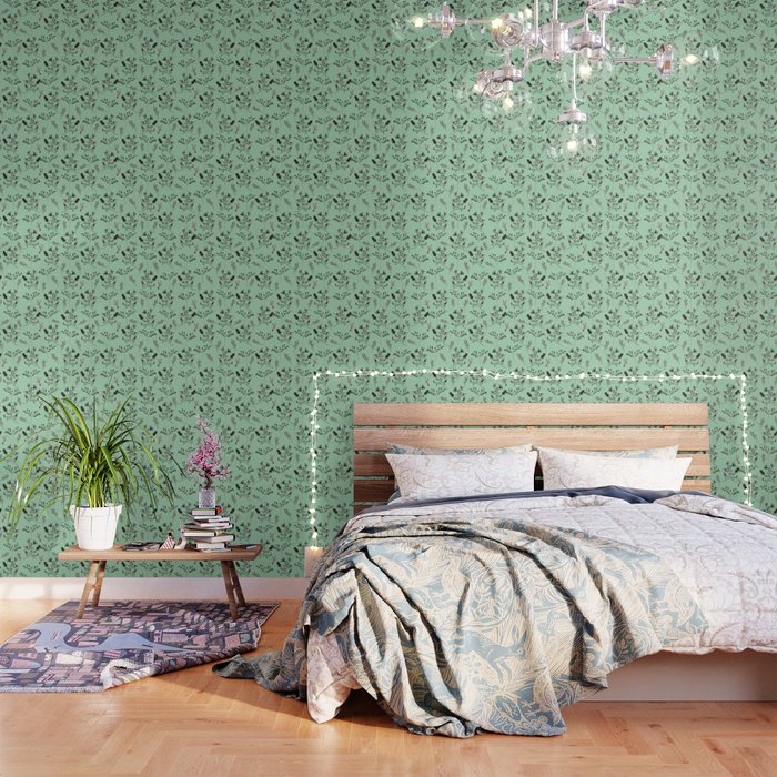 Mint Green and Bluebells and Bluebirds Floral Pattern Flowers in Blue and Bark Brown Wallpaper