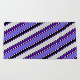 [ Thumbnail: Slate Blue, Indigo, Light Grey, and Black Colored Lined Pattern Beach Towel ]