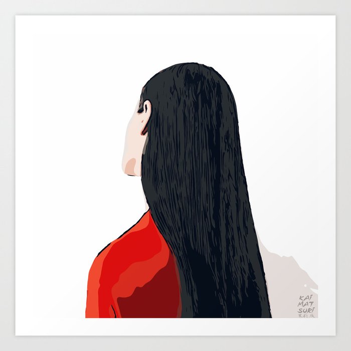 White And Red Girl With Long Hair Minimalist Vector Illustration