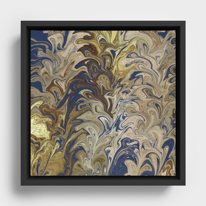 Gold and indigo marbled pattern Framed Canvas