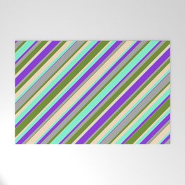 [ Thumbnail: Green, Bisque, Aquamarine, Purple & Dark Gray Colored Stripes Pattern Welcome Mat ]