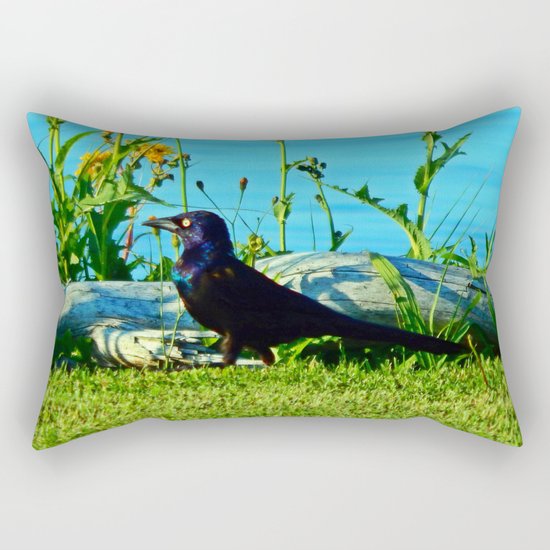 Bright Eyed Black Bird Rectangular Pillow
