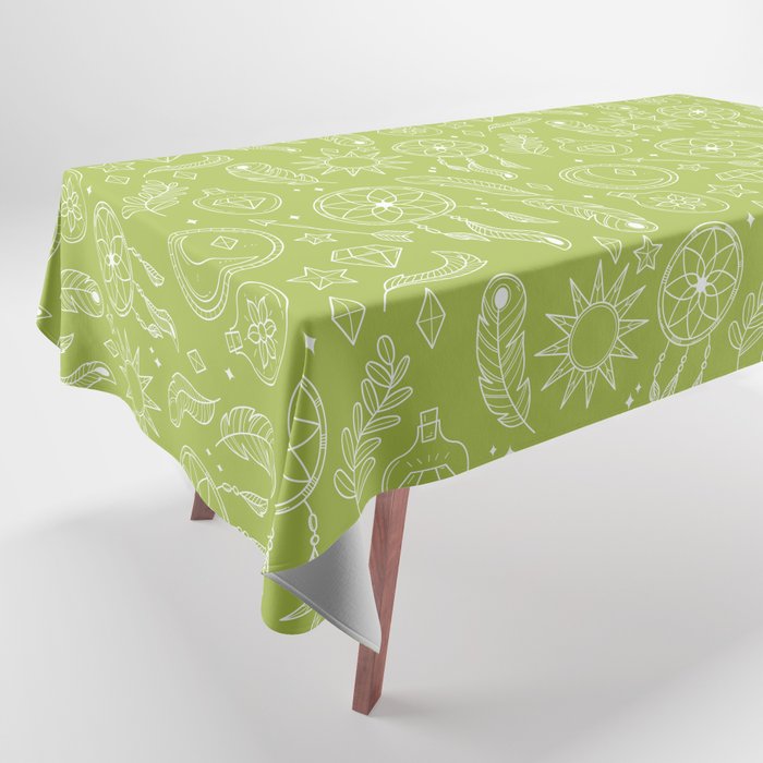 Light Green And White Hand Drawn Boho Pattern Tablecloth