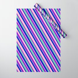 [ Thumbnail: Dark Violet, Aquamarine, Blue & Pink Colored Lines Pattern Wrapping Paper ]