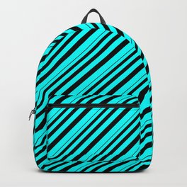 [ Thumbnail: Black and Cyan Colored Stripes Pattern Backpack ]