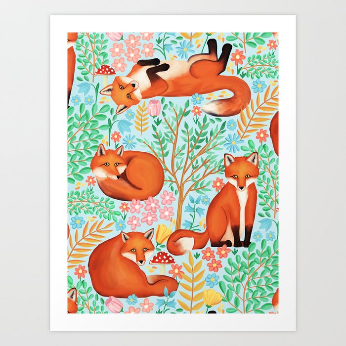 Little Foxes in a Fantasy Forest on Blue Art Print