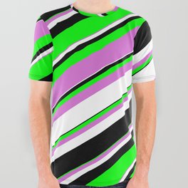 [ Thumbnail: Lime, Orchid, White & Black Colored Lined/Striped Pattern All Over Graphic Tee ]