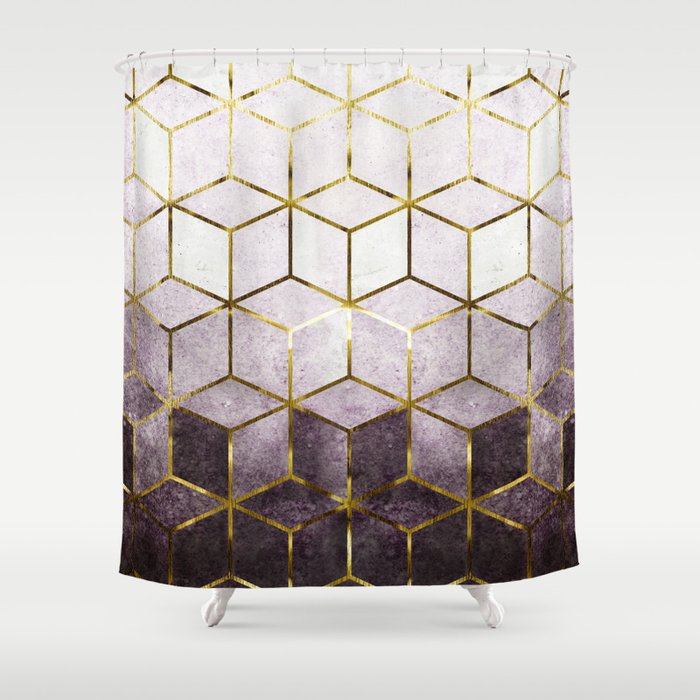 Elegant Geometric Purple Cubes with Gold Lining Shower Curtain