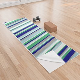 [ Thumbnail: Eye-catching Powder Blue, Dark Gray, Blue, Sea Green & Mint Cream Colored Striped Pattern Yoga Towel ]