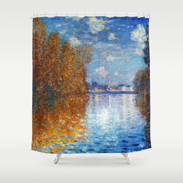 Orange Foliage Reflected on the Surface of the Blue Reservoir landscape painting by Claude Monet  Shower Curtain