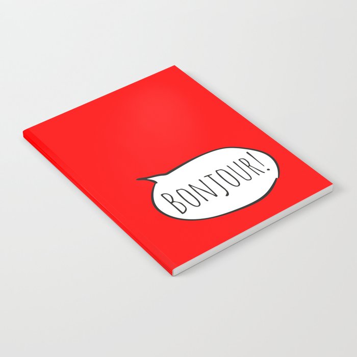 Cheerful BONJOUR! with white cartoon speech bubble on bright comic book red (Francais / French) Notebook