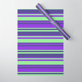 [ Thumbnail: Purple, Light Green & Dark Slate Blue Colored Lines/Stripes Pattern Wrapping Paper ]