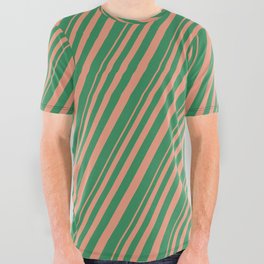 [ Thumbnail: Dark Salmon & Sea Green Colored Pattern of Stripes All Over Graphic Tee ]