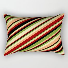 [ Thumbnail: Colorful Green, Pale Goldenrod, Brown, Dark Red & Black Colored Stripes Pattern Rectangular Pillow ]