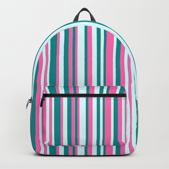 Hot Pink, Dark Cyan & Light Cyan Colored Lines Pattern Backpack