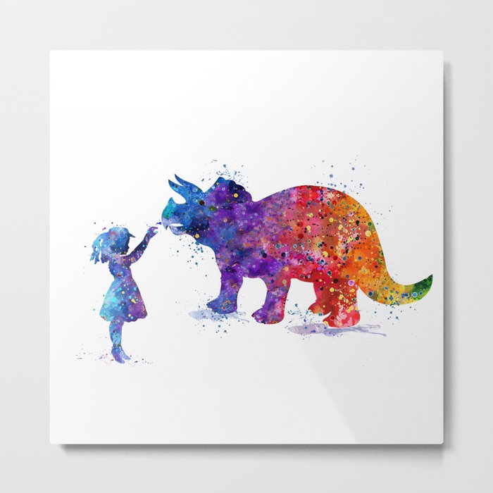 Girl and Dinosaur Triceratops Watercolor Kids Art Silhouette Metal Print