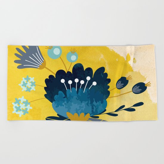 Yellow Acuarela Blue Flower Beach Towel
