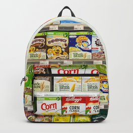 Cereal or cornflakes on shelf in supermarket. Backpack