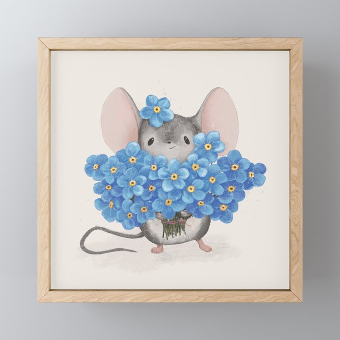 Sweet mousy with a bouquet of forget-me-nots Framed Mini Art Print
