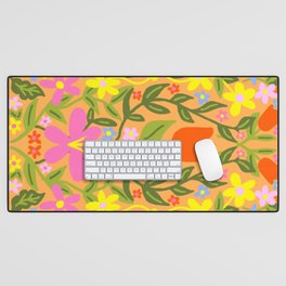Modern Folk Art Flowers On Orange Desk Mat