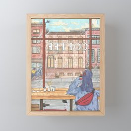 Pigeon coffeeshop - gouache illustration Framed Mini Art Print