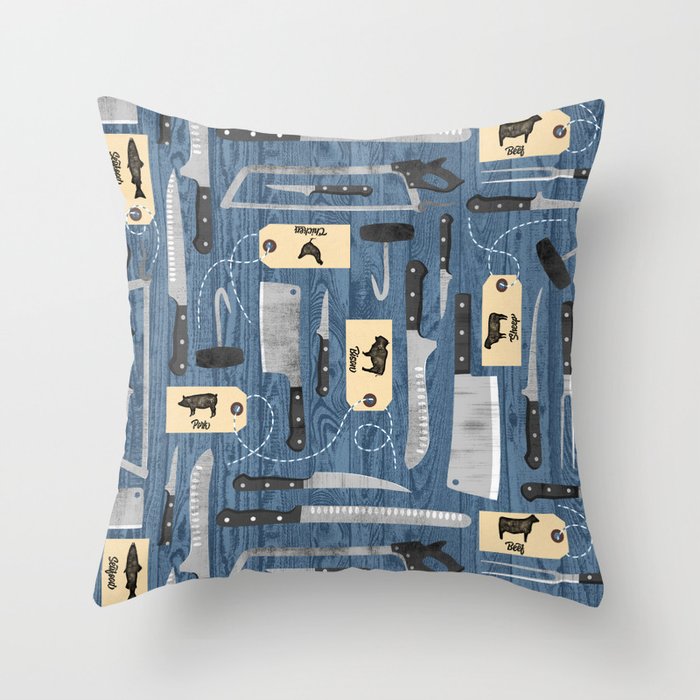 Blue - Butcher Knives on Wood  Throw Pillow