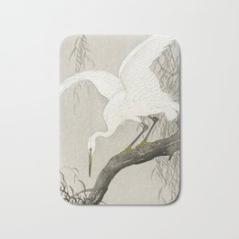 White Heron Sitting On A Tree Branch - Vintage Japanese Woodblock Print Art Bath Mat