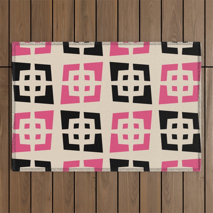Cool Mid Century Modern Geometric Pattern 826 Beige Black and Pink Outdoor Rug