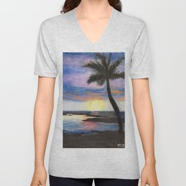 Hawaii Palm Tree at Sunset V Neck T Shirt
