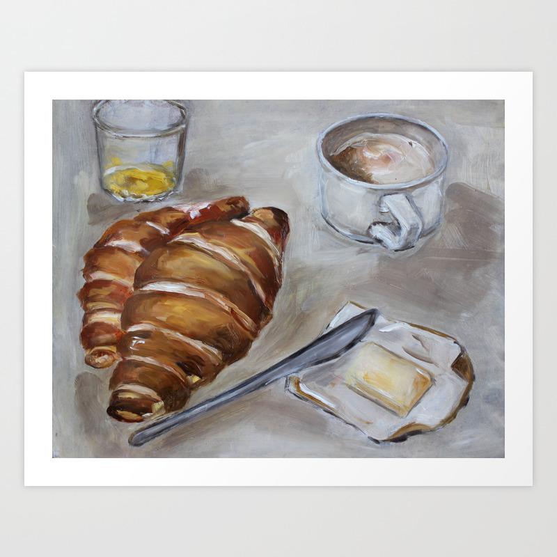 French Breakfast Coffee And Croissant Original Oil Painting