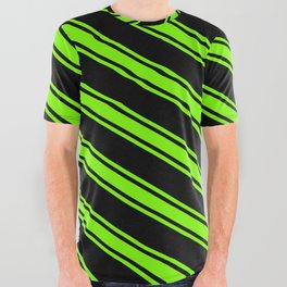 [ Thumbnail: Black & Green Colored Pattern of Stripes All Over Graphic Tee ]