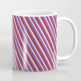 [ Thumbnail: Slate Blue, Brown & Mint Cream Colored Lines/Stripes Pattern Coffee Mug ]