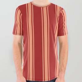 [ Thumbnail: Red & Light Salmon Colored Lines Pattern All Over Graphic Tee ]