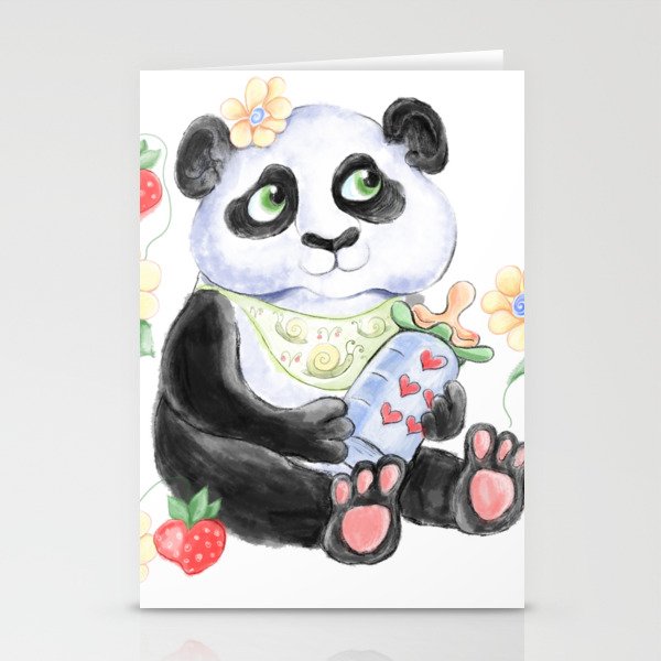 Baby Panda with strawberryes, Girl Baby shower  Stationery Cards