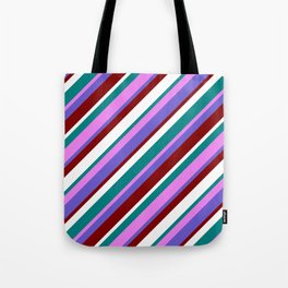 [ Thumbnail: Vibrant Teal, Violet, Slate Blue, Maroon & White Colored Pattern of Stripes Tote Bag ]