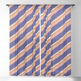 [ Thumbnail: Beige, Chocolate, Dark Salmon, and Midnight Blue Colored Pattern of Stripes Sheer Curtain ]