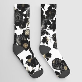 Modern Elegant Black White and Gold Floral Pattern Socks