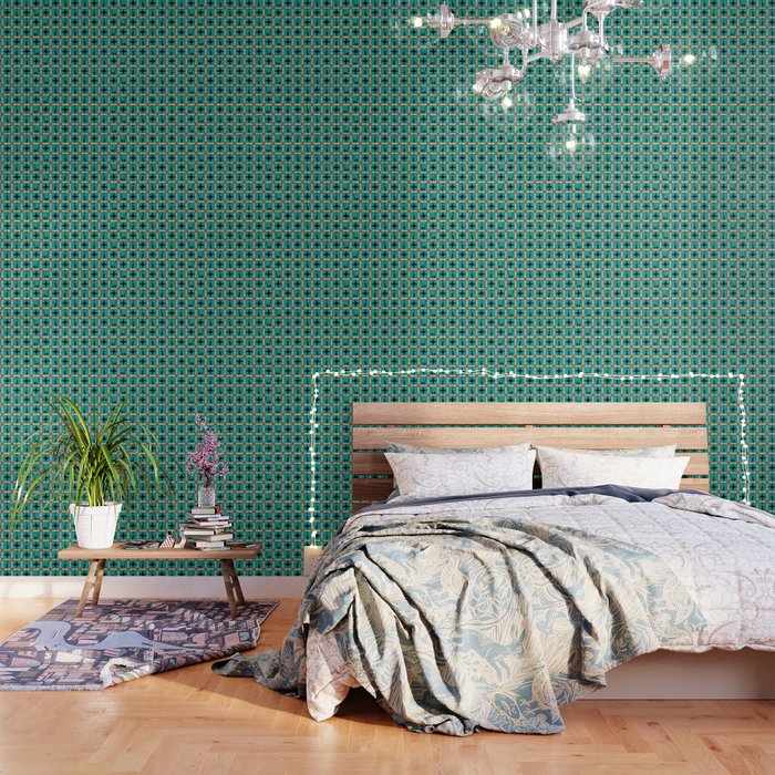 Mid-Century Modern Checkered Tiles Cats and Starburst Wallpaper