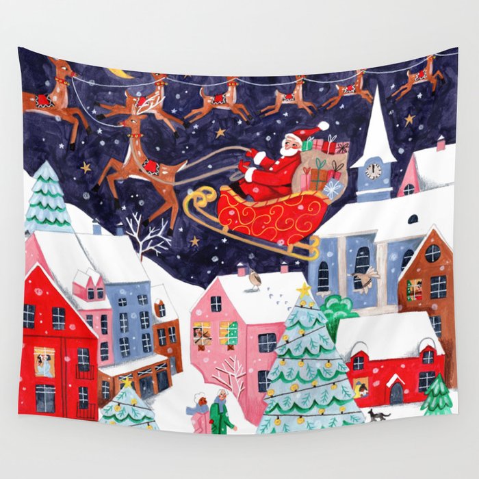 Christmas Village Santa Wall Tapestry
