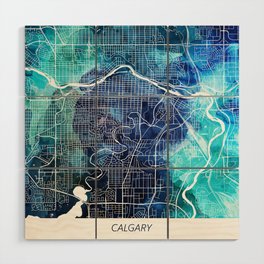 Calgary Map Navy Blue Turquoise Watercolor Calgary Canada City Map Wood Wall Art