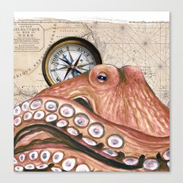 Red Octopus Compass Vintage Map Nautical Beige Beach Chic Canvas Print