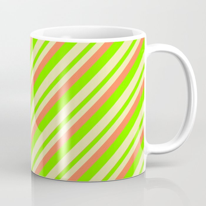 Coral, Chartreuse, and Pale Goldenrod Colored Lined/Striped Pattern Coffee Mug