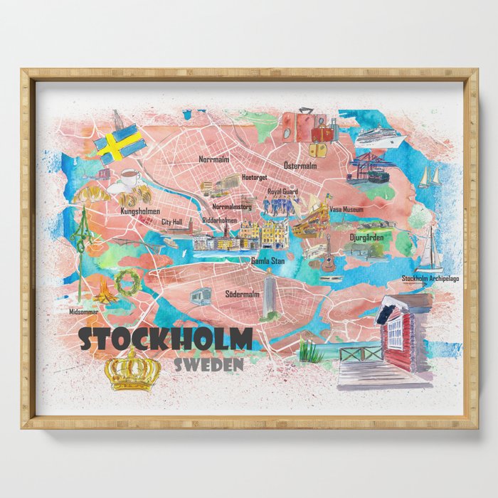 Stockholm Sweden Illustrated Map with Main Roads Landmarks and Highlights Serving Tray artshop77 |