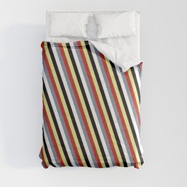[ Thumbnail: Eye-catching Tan, Red, Light Slate Gray, White & Black Colored Lines Pattern Comforter ]