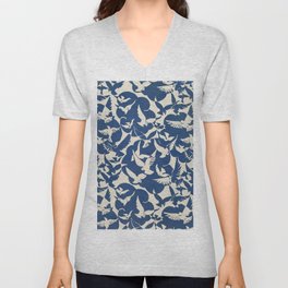 Bird Pattern Blue and White Doves V Neck T Shirt