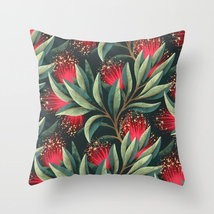 Pohutukawa - Red / Natural Green Throw Pillow