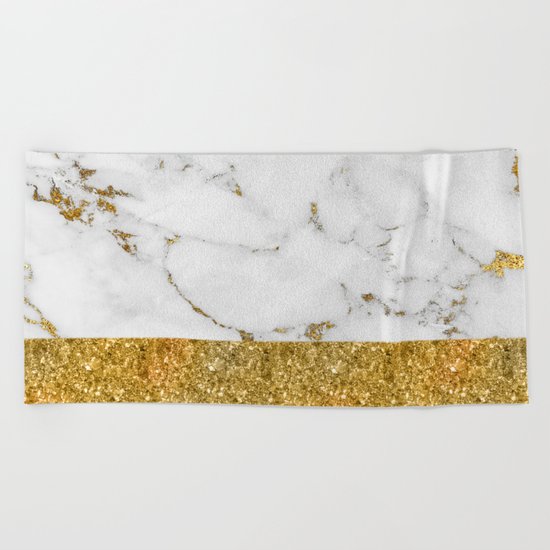 Luxury and glamorous gold glitter and white and gold marble Beach Towel