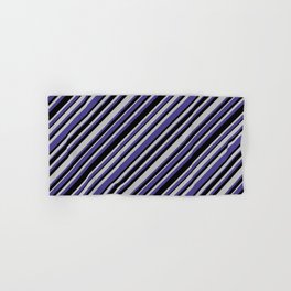 [ Thumbnail: Grey, Dark Slate Blue, and Black Colored Lined/Striped Pattern Hand & Bath Towel ]
