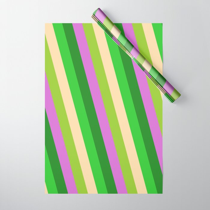 Eye-catching Lime Green, Tan, Green, Orchid, and Forest Green Colored Stripes Pattern Wrapping Paper