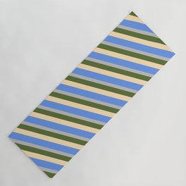 [ Thumbnail: Dark Olive Green, Beige, Cornflower Blue & Grey Colored Lines Pattern Yoga Mat ]